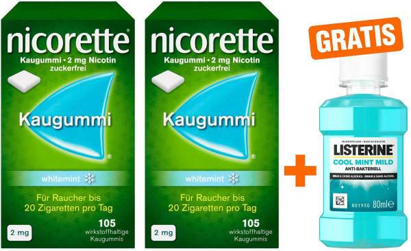 Nicorette Kaugummi 2 mg whitemint 2 x 105 Stück + gratis Listerine Cool Mint 80 ml