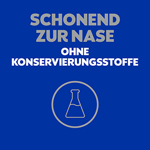 Text auf blauem Hintergrund: schonend zur Nase, ohne Konservierungsstoffe. Ein Reagenzglas wird auch gezeigt.