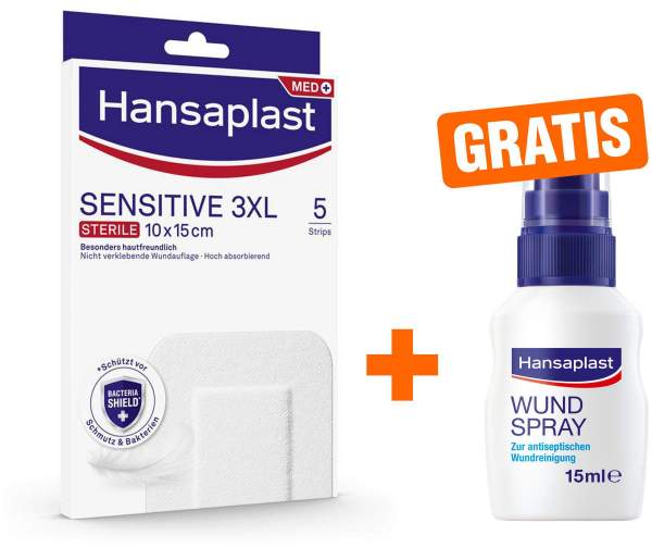 Hansaplast Sensitive 3XL Pflaster 10 x 15 cm 5 Stück + gratis Wundspray zur Wundreinigung 15 ml