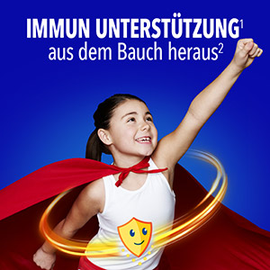 Bion3: Mädchen mit Superhelden-Umhang und Bauch-Schild, das die Immununterstützung aus dem Bauch heraus symbolisiert.