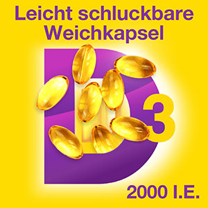 Vigantolvit Vitamin D3 Weichkapseln, leicht schluckbar, mit 2000 I.E. zur Unterstützung des Immunsystems.