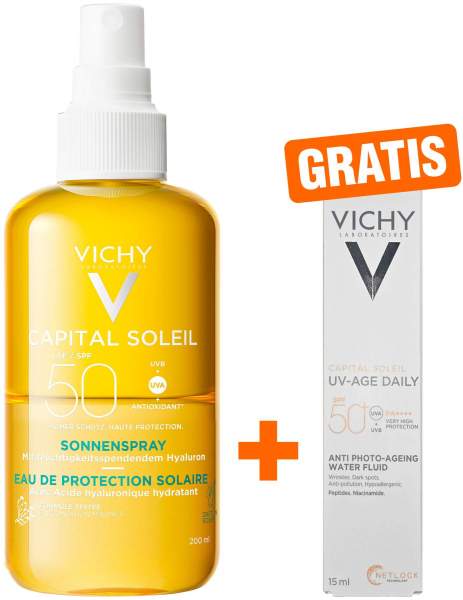 Vichy Capital Soleil Sonnenspray mit Hyaluron LSF 50 200 ml + gratis Vichy Capital Soleil UV-Age Daily LSF 50+ 15 ml