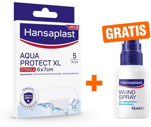 Hansaplast Aqua Protect Xl Pflaster 6 x 7 cm 5 Pflaster + gratis Wundspray zur Wundreinigung 15 ml