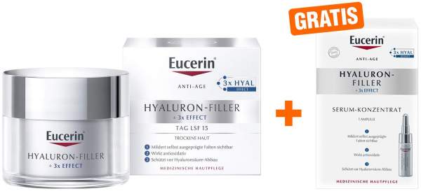 Eucerin Anti Age Hyaluron Filler Tag trockene Haut 50 ml + gratis Hyaluron Filler 7.T. Serum-Kur 1 Ampulle
