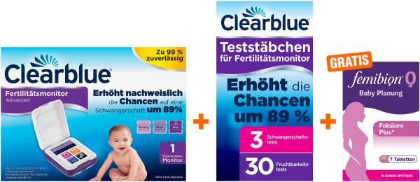 Clearblue Advanced Fertilitätsmonitor 1 St + Clearblue Advanced 33 Teststäbchen + gratis Femibion 0 7 Tage Kombipackung