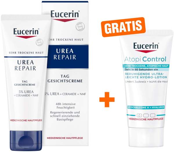 Eucerin UreaRepair Gesichtscreme Tag 5 % 50 ml + gratis AtopiControl Hydro-Lotion 20 ml