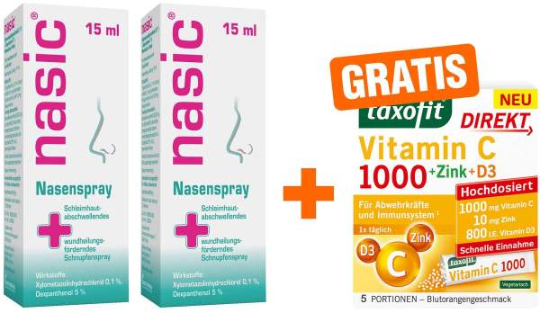 Nasic Nasenspray 2 x 15 ml + gratis Taxofit Vitamin C 1000 direkt Granulat 5 Beutel