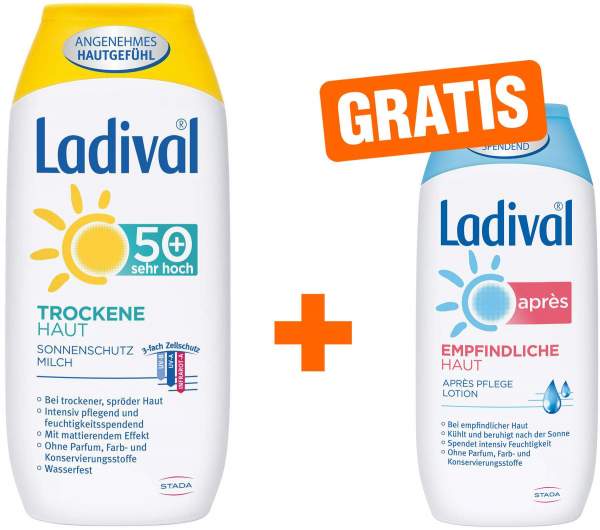 Ladival trockene Haut LSF50+ 200 ml Milch + gratis Empfindliche Haut 200 ml Après Lotion