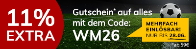 Machen Sie Ihren Einkauf zum Volltreffer und sichern Sie sich nur für kurze Zeit 11% WM-Rabatt ab 59€ Einkaufswert.