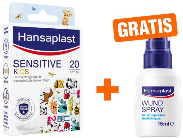 Hansaplast Kinderpflaster Sensitive 20 Strips + gratis Wundspray zur Wundversorgung 15 ml