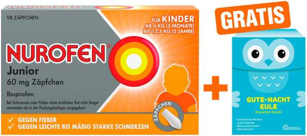 Nurofen Junior 60mg 10 Zäpfchen + gratis Sidroga TEExpress Gute-NAcht Eule 15 Beutel