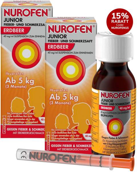 Nurofen Junior Fieber- &amp; Schmerzsaft 40 mg pro 1 ml Erdbeere 2 x 150 ml