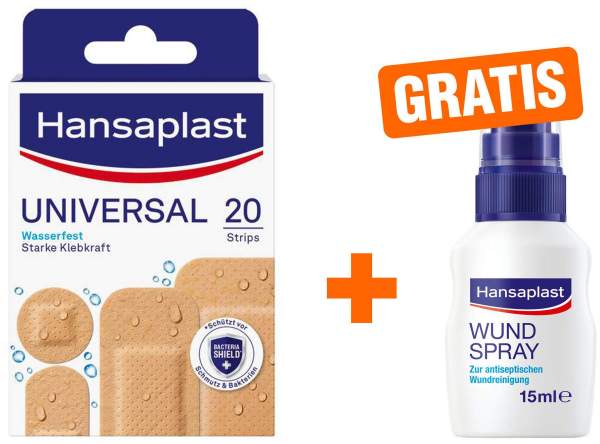 Hansaplast Universal Pflasterstrips wasserfest 4 Größen 20 Pflaster + gratis Wundspray zur Wundversorgung 15 ml