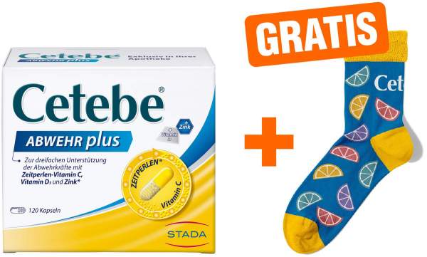Cetebe Abwehr plus Vitamin C + Vitamin D3 + Zink 120 Kapseln + gratis Kuschelsocken