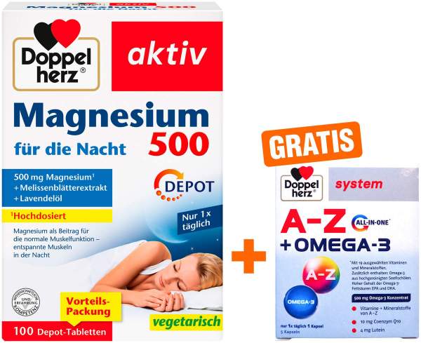 Doppelherz aktiv Magnesium 500 für die Nacht 100 Depot-Tabletten + gratis Doppelherz A-Z + Omega-3 all-in-one 5 Kapseln