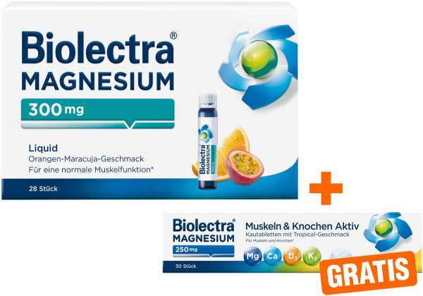 Biolectra Magnesium 300 mg Liquid 28 Trinkfläschchen + gratis Biolectra Magnesium 250 mg Aktiv 30 Kautabletten