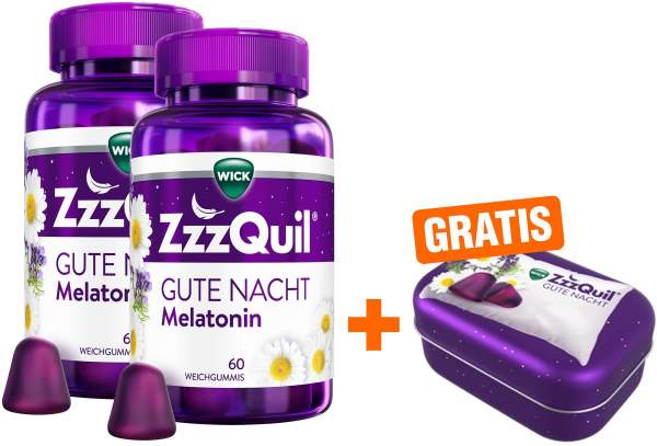 Wick ZzzQuil Gute Nacht 2 x 60 Weichgummis + gratis Wick ZzzQuil Reise-Dose 1 Stück