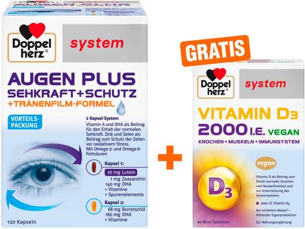 Doppelherz system Augen Plus Sehkraft + Schutz 120 Kapseln + gratis Doppelherz Vitamin D3 2000 I.E. vegan 60 Tabletten