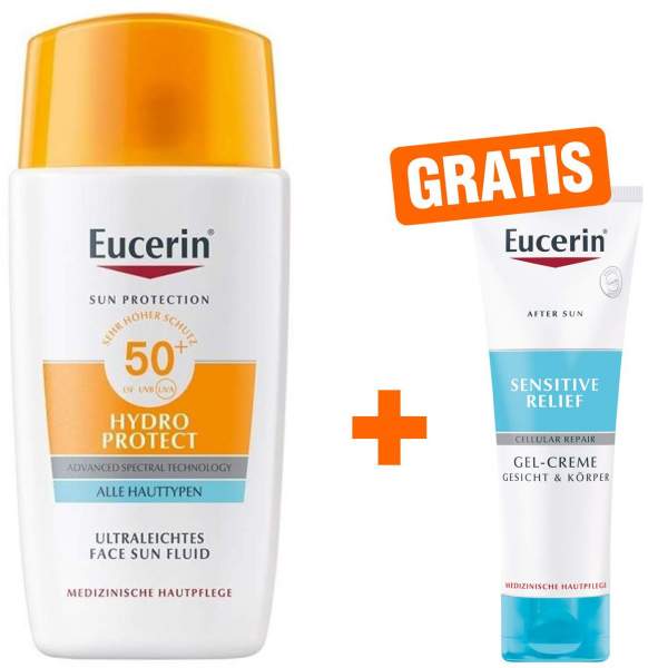 Eucerin Sun Hydro Protect Face Sun Fluid LSF 50+ 50 ml + gratis Sensitive After Sun 50 ml Creme