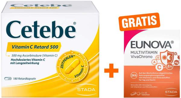 Cetebe Vitamin C Retardkapseln 500mg 180 Stück + gratis Eunova VivaChrono 2 x 10 Tabletten