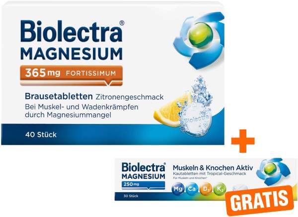 Biolectra Magnesium 365 mg fortissimum Zitronengeschmack 40 Brausetabletten + gratis Magnesium 250 mg 30 Kautabletten