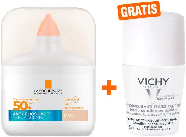 La Roche Posay Anthelios UV Air Serum LSF 50+ Getönt hell 50 ml + gratis Vichy Deo Roll-on Anti Flecken 48h 50 ml