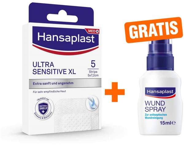 Hansaplast Ultra Sensitive Wundpflaster XL 5 x 7,2 cm 5 Stück + gratis Wundspray zur Wundreinigung 15 ml