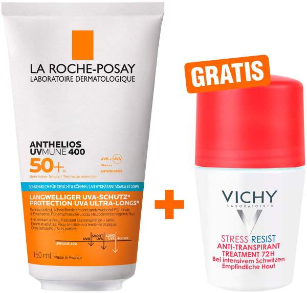 La Roche Posay Anthelios Körper + Gesicht LSF 50 150 ml Milch + gratis Vichy Deo Stress Resist 72h 50 ml