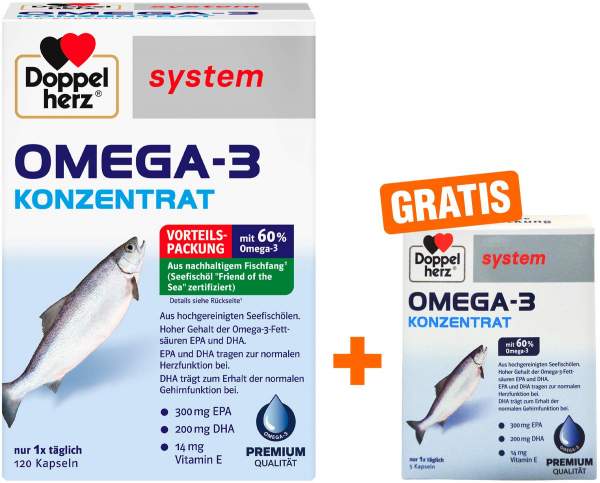 Doppelherz system Omega 3 Konzentrat Kapseln 120 Stück + gratis Doppelherz system Omega-3 Konzentrat 5 Kapseln