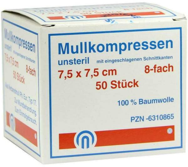 Mullkompressen Es 7,5 X 7,5 cm 8 - Fach Unsteril 50 Kompressen