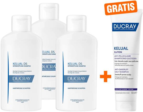 Ducray Kelual DS Shampoo 3 x 100 ml + gratis Elution ausgl. Shampoo 100 ml