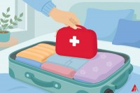 Eine rote Medizintasche mit Medikamenten für den Urlaub wird gerade im Reiskoffer verstaut.