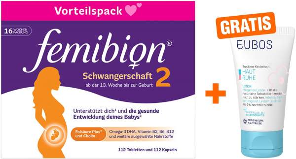 Femibion 2 Schwangerschaft 112 Tabletten und 112 Kapseln Kombipackung + gratis Eubos Kinder Haut Ruhe Lotion 30 ml