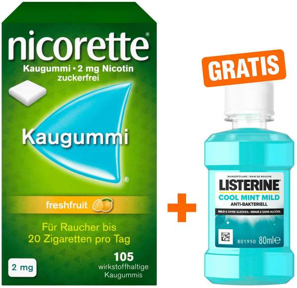 Nicorette 2 mg Freshfruit Kaugummi 105 Stück + gratis Listerine Cool Mint 80 ml