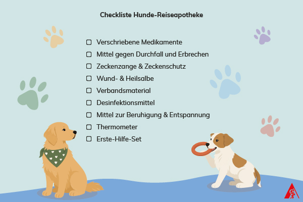 Checkliste: Das gehört in die Hunde-Reiseapotheke Checkliste mit Produkten, die in die Hunde-Reiseapotheke gehören wie Mittel gegen Durchfall, Verbandsmaterial, Desinfektionsmittel, Zeckenschutz, Mittel zur Beruhigung und ein Erste-Hilfe-Set.