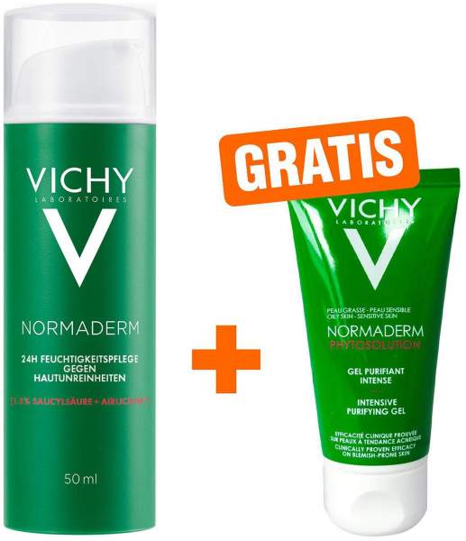 Vichy Normaderm 24h Feuchtigkeitspflege gegen Hautunreinheiten 50 ml Creme + gratis Reinigungsgel 50 ml