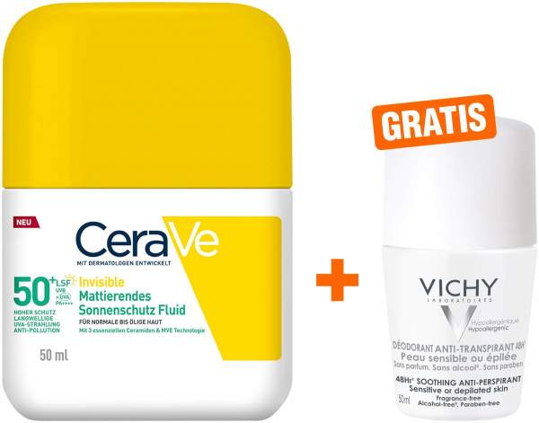 CeraVe Mattierendes Sonnenschutz Fluid LSF 50+ 50 ml + gratis Vichy Deo Roll-on Anti Flecken 48h 50 ml