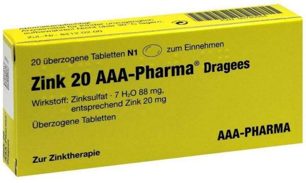 Zink 20 Aaa Pharma Dragees 20 Überzogene Tabletten