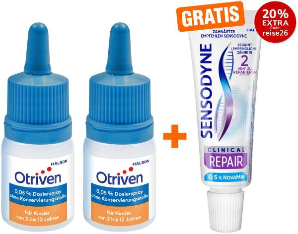 Otriven 0,05 % Nasentropfen für Kinder 2 x 10 ml + gratis Sensodyne Clinical Repair Zahnpasta 15 ml