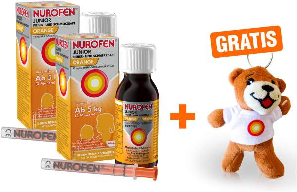 Nurofen Junior Fieber- &amp; Schmerzsaft Orange 40 mg pro ml 2 x 100 ml +gratis Nurobär Schlüsselanhänger