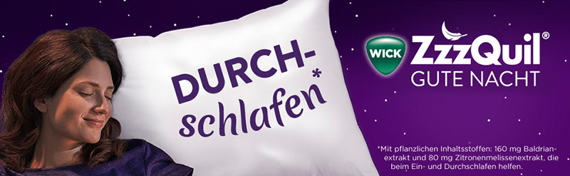 Eine Frau liegt friedlich schlafend auf dem Kopfkissen. Der Text daneben sagt: Durchschlafen.