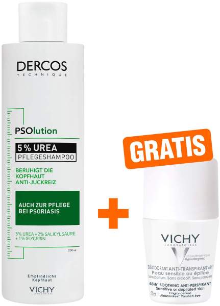 Vichy Dercos Psolution Shampoo 200 ml + gratis Vichy Deo Roll-on Anti Flecken 48h 50 ml