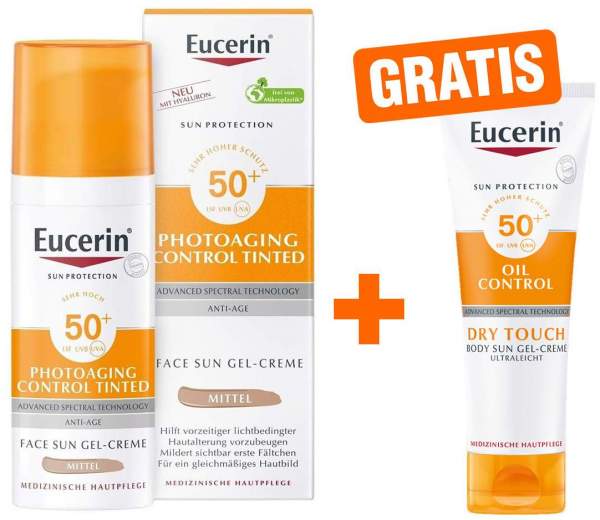 Eucerin Photoaging Control Tinted Face Sun Gel-Creme LSF 50+ mittel + gratis Body LSF50 50 ml Gel-Creme