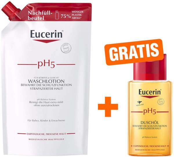 Eucerin pH5 Waschlotion 750 ml Nachfüllbeutel empfindliche Haut + gratis pH5 Duschöl 100 ml