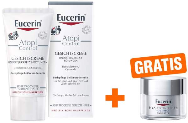 Eucerin AtopiControl Gesichtscreme 50 ml + gratis Anti Age Hyaluron Filler Tagespflege LSF 15 20 ml