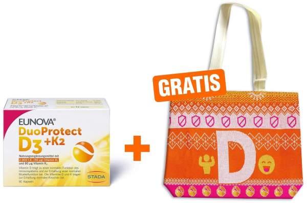 Eunova DuoProtect D3+K2 2000 I.E. 90 Kapseln + gratis Tasche