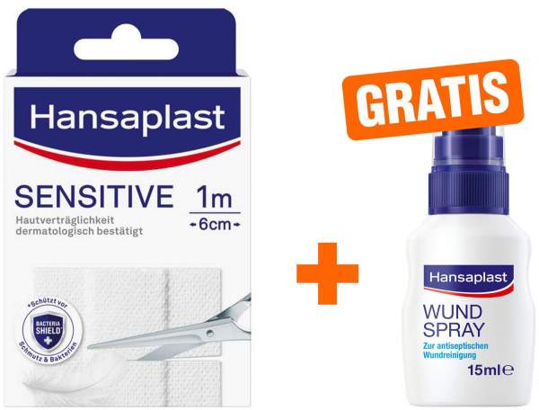 Hansaplast Sensitive 1 m x 6 cm + gratis Hansaplast Wundspray zur Wundreinigung 15 ml