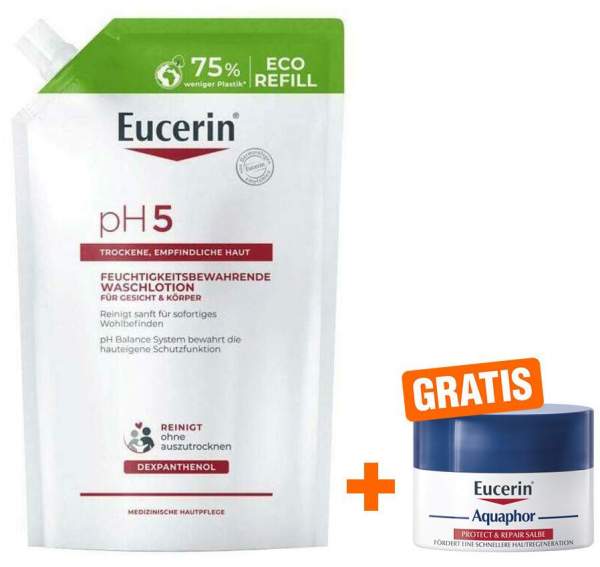 Eucerin pH5 Waschlotion 750ml Nachfüllbeutel + gratis Aquaphor Repair-Salbe 7 ml