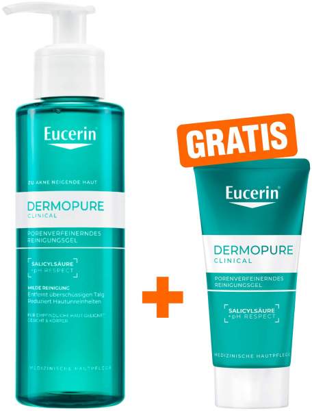 Eucerin DermoPure Clinical Reinigungsgel 200 ml + gratis DermoPure Clinical Porenverfeinerndes Reinigungsgel 75 ml