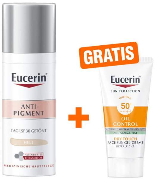 Eucerin Anti-Pigment Tagespflege getönt hell 50 ml Creme + gratis Sun Gel-Creme Oil Control 20 ml